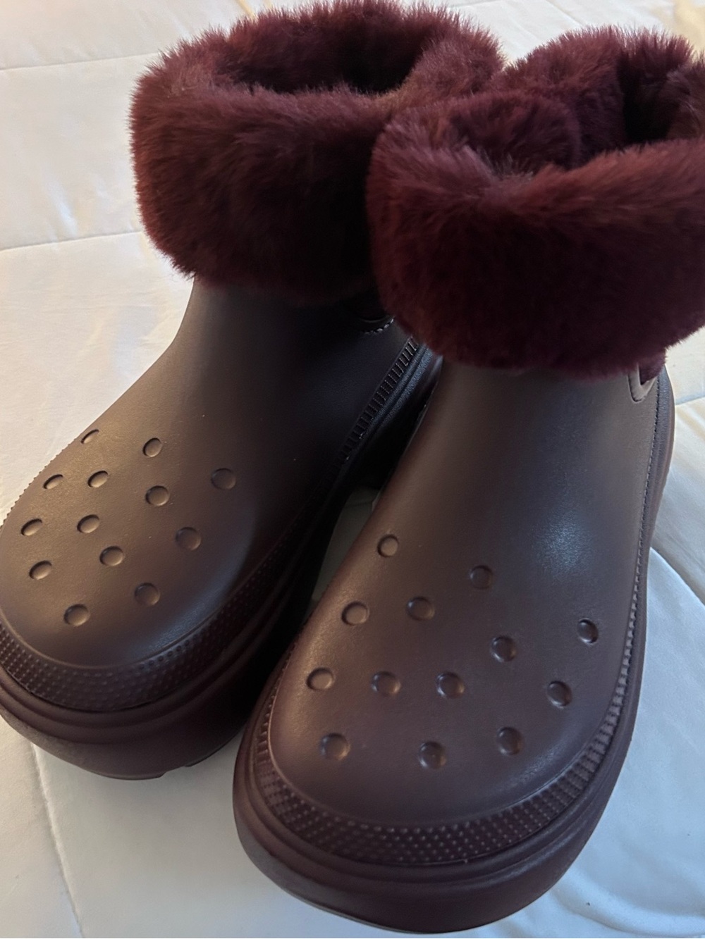 CROCS Women's Faux-Fur Cuffed Booties in Burgundy